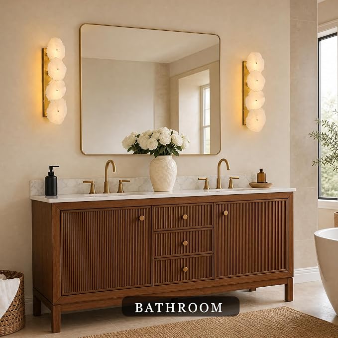 Alabaster Wall Sconce, 4-Light Luxury Spanish Natural Marble Wall Sconce, Brushed Gold Alabaster Sconces, Indoor Bathroom Sconces Wall Light for Foyer, Stairs, Dining Room, Art Deco(1 Pack