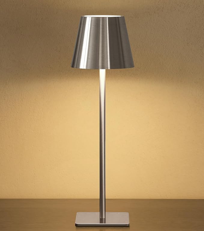 UME Cordless Table Lamp, Battery Operated Lamp - Portable Waterproof Rechargeable Table Lamp w/ 3 Color Temps & Stepless Dimming for Dinner, Desk, Cafe, Outdoor (Brushed Silver)
