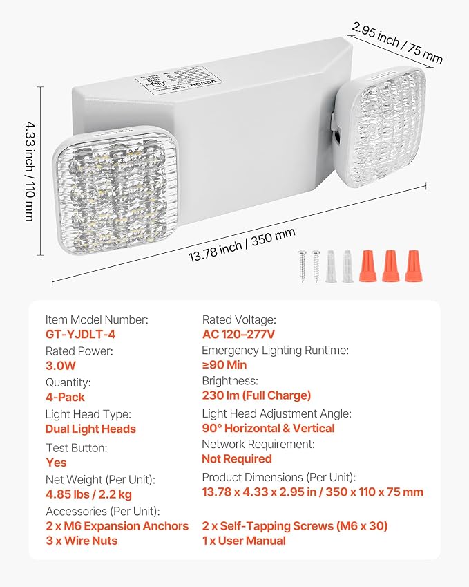 VEVOR 4 Pack Emergency Lights for Business, with Battery Backup, Commercial LED Emergency Exit Lighting Fixtures, AC 120/277V, with Two Square Head Adjustable, 90-Minute Backup, for Business, White