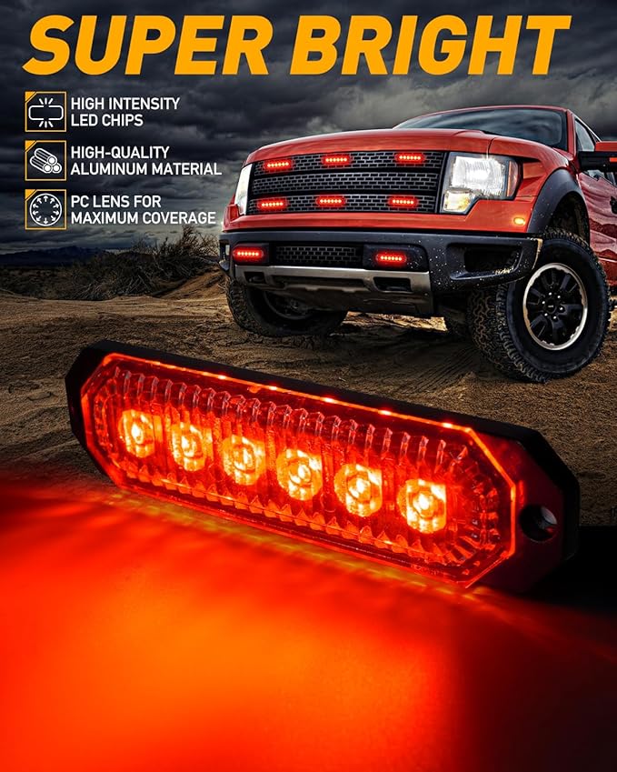 HLauto 406T Emergency Strobe Grille Lights: 4Pcs 6 LED Sync Feature Safety Warning Flashing Light, 12V-24V Ultra Slim Surface Mount Hazard Caution Light for Truck, Vehicle, Car, ATV, UTV (Red)