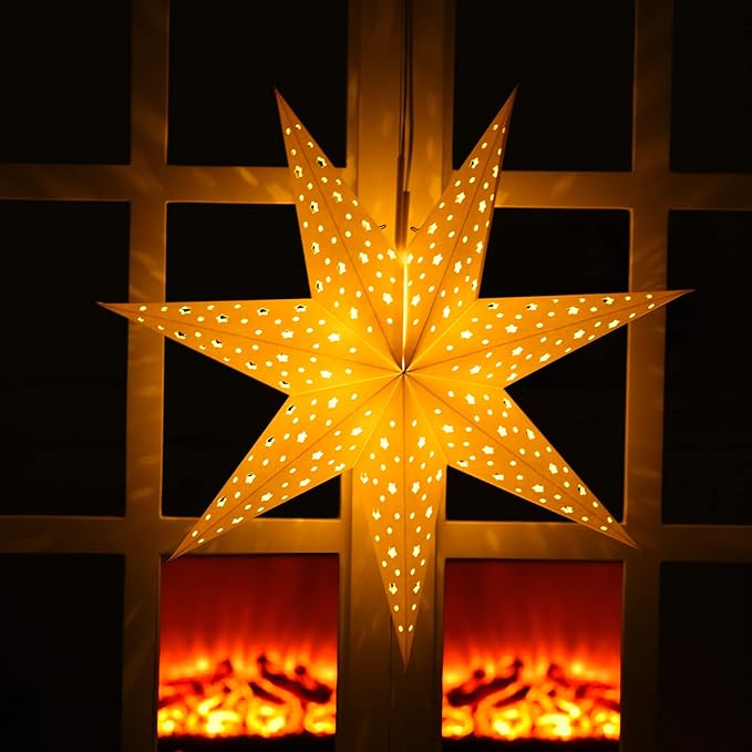 Mudder 19.7 Inch Christmas Star Paper Lantern 7 Pointed Christmas Window Lantern with 10 LED Light Strings Hanging Pendant Xmas Tree Ornaments for Holiday Decor Home(Trendy,Gold)