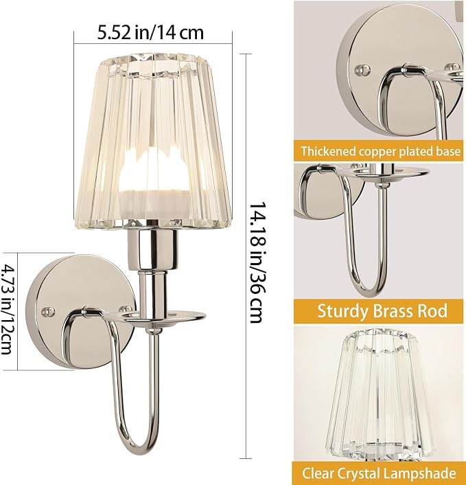 Battery Operated Wall Sconces Set of 2, Sliver Crystal Wall Lights | 5200mAh rechargeable wall lights with magnetic bulbs, remote control, 15 colors, 10-level dimming and timer for bedrooms