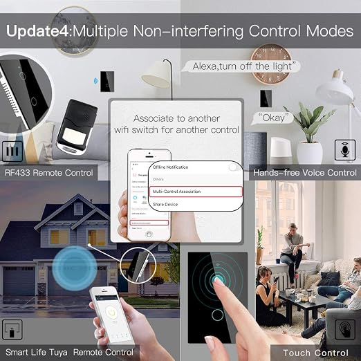 MoesGo WiFi RF433 Smart Touch Light Switch, No Neutral Wire, Black 2 Gang | Single live wire design, 2.4GHz WiFi only, minimum load 5W, Smart Life Tuya app remote, works with Alexa and Google Home