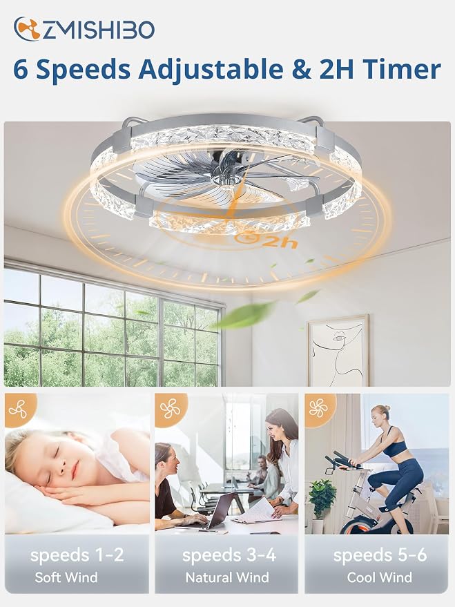 ZMISHIBO 24 Inch Ceiling Fans with Lights, Flush Mount Remote & App Control | 3CCT Dimmable LED, DC Motor, Bladeless, Reversible Blade, 6 Speeds, Modern, Low Profile, Enclosed, Bedroom, Kids, Girl, Adult