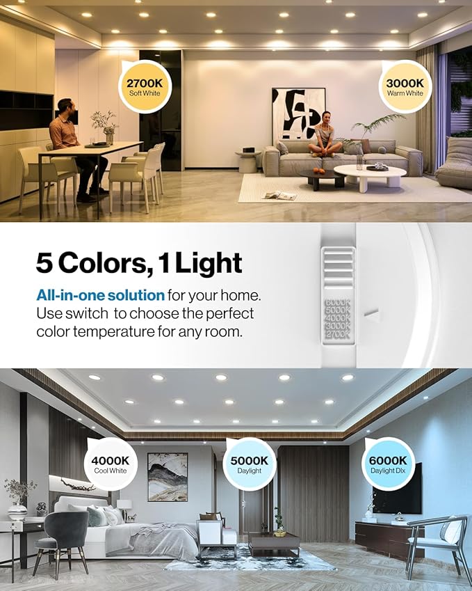 Sunco 60 Pack 4 Inch LED Flat Recessed Light, Retrofit Ceiling Can Lighting, 800 LM, Selectable CCT 2700K/3000K/4000K/5000K, Dimmable, 10W=60W, 50,000 Lifetime Hours UL