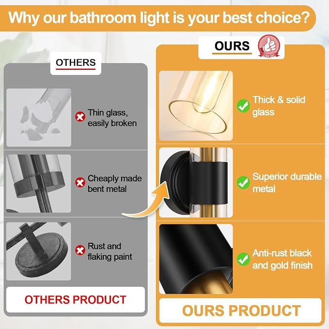 Wall Sconces Set of Two, Modern Bathroom Sconces Wall Lighting with & Clear Glass Glass, Black and Gold Sconces Wall Decor Set of 2 for Bathroom Mirror Bedroom Living Room Hallway