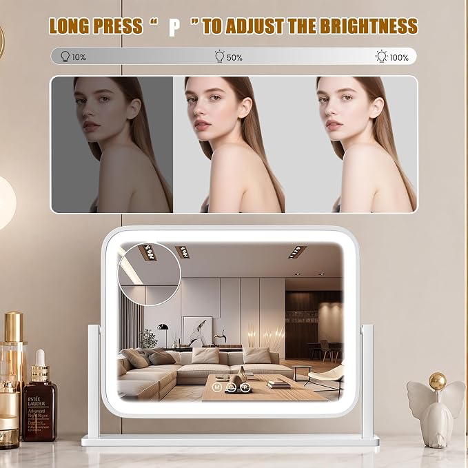Vanity Mirror with Lights, 16.5"×12.2" LED Makeup Mirror, Rounded Frame, 10X Magnification, Smart Touch with 3-Color Lighting, Dimmable, 360° Rotation, Lighted Up for Makeup Desk, Bedroom (White)