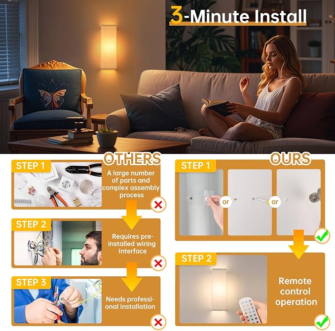 Shenmoyl 2-Pack Rectangle Wall Sconces, Battery Operated with 6000mAh Rechargeable Bulb, 12 RGB Colors & Dimmable, Stick on Wall No Drill, Timer Function, Linen Shade for Bedroom Living Room Decor