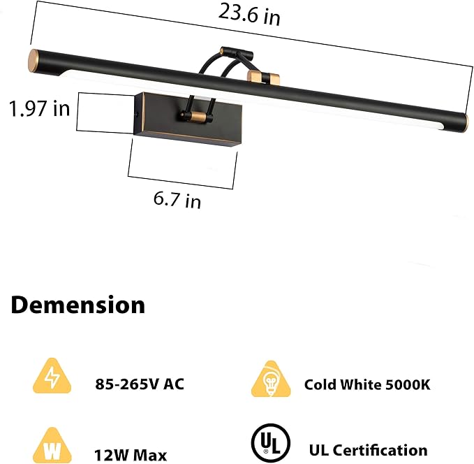 Modern Adjustable 270° Rotatable Black Gold LED Vanity Light, 23.6 Inch Black Gold Bathroom Light Over Mirror (5000K White Light)