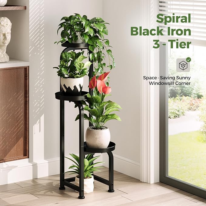 Bamworld Tall Plant Stand Indoor Outdoor Corner Metal Flower Pot Stands | 3 Tier Black Heavy Duty Plant Shelf for Patio Garden Balcony Living Room Bedroom(Patent Design)