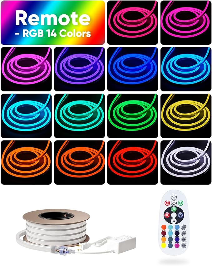 LED RGB Neon Rope Lights AC 120V, Expandable & Cuttable Bright Strip Lighting with Remote, Dimmable Color Changing, ETL Cold-Resistant & IP65 Waterproof for in&Outdoor, 10x20mm, 32.8FT