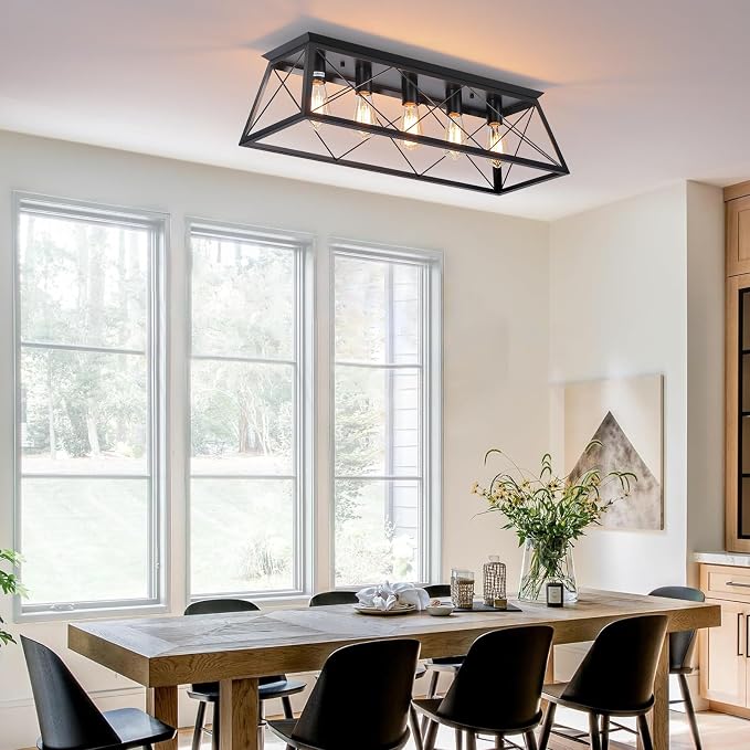 31.5" Black Flush Mount Ceiling Light Fixture, 5-Light Vintage Industrial Cage Chandelier for Dining Room, Kitchen Island, Living Room, Dimmable Large Semi Flush Mount Close to Ceiling Light
