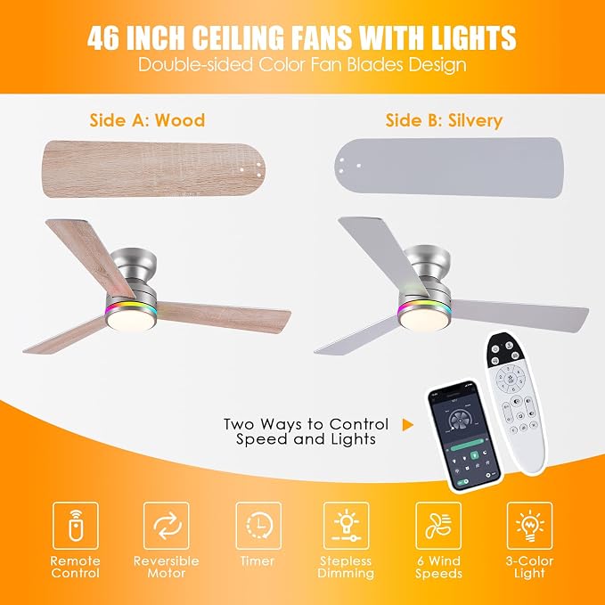 46" 3-Blade Silver Low Profile RGB Ceiling Fan with Light and Remote/APP | 11 RGB Modes,Reversible 6 Wind Speeds,Dimmable 3 CCT LED, 25W Quiet DC Motor,Timer,6 Double-Sided Blades,for Kidsroom Party
