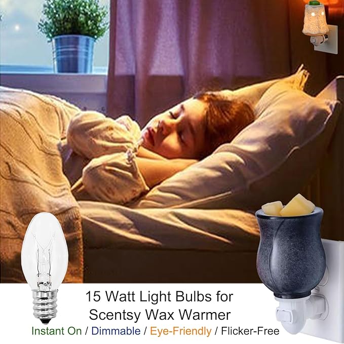 Scentsy Light Bulbs -15 Watt Light Bulbs for Scentsy Wax Warmer,Candle Warmer Lamp,Plug in Wax Diffuser- 120V C7 Replacement Bulbs for Night Light,Rock Salt Lamp Bulbs - Dimmable - Warm White,15 Pack