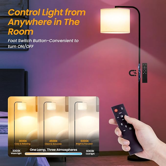 Arc RGB Floor Lamp with Remote and Dimmable Black lamps for Living Room | Modern Tall Standing Lamp for Bedroom Corner and Office wiht Adjustable Hanging Drum Shade Over Couch Arched Reading Light