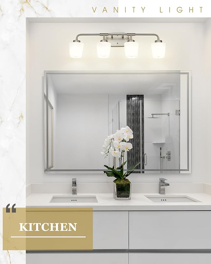 4-Light Brushed Nickel Bathroom Light Fixtures Over Mirror | Vanity Lighting Fixtures with Milk White Glass, Vintage Farmhouse Wall Sconces Lighting, AD-22004-4W-SN