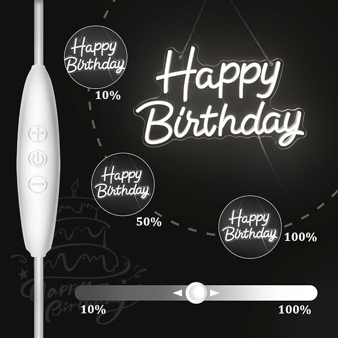 Happy Birthday Neon Sign with Dimmable, 15.5x9.7 Inch Happy Birthday LED Neon Light for Wall Decor, LED Up Light with USB Powered for All Birthday Party Decoration, Backdrop Wall (White)