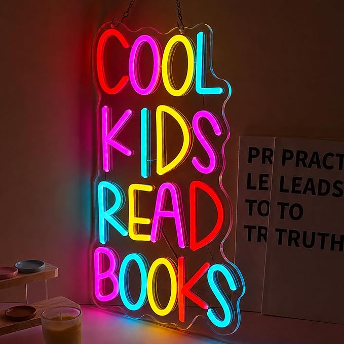 Cool Kids Read Books Neon Sign for Wall Decor Letter Reading Books Neon Light USB Dimmable Classroom LED Light Up Sign for Reading Corner Library Classroom Bedroom Decor