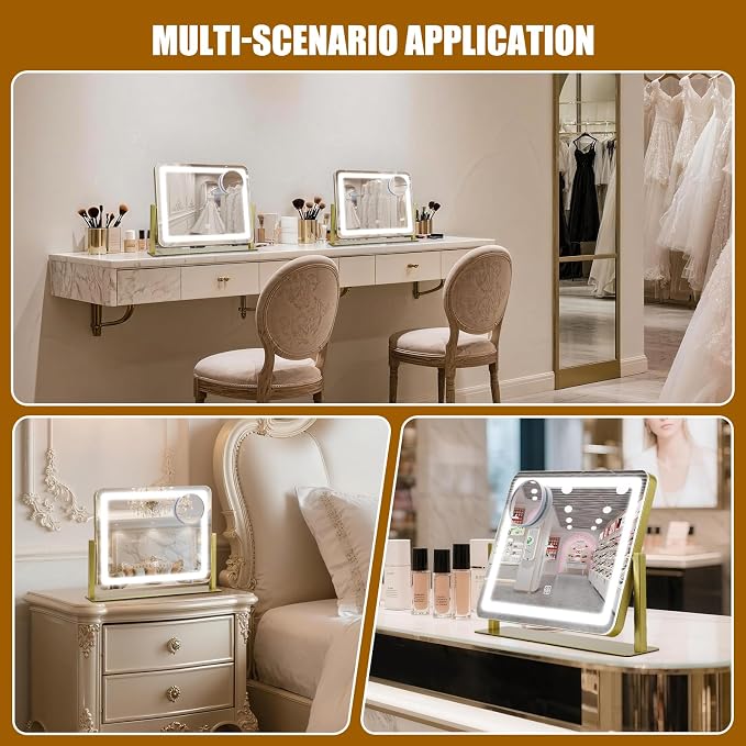 Rechargeable Vanity Mirror with Lights, 3000mAH Battery, 16"×12.4" LED Makeup Mirror, 10X Magnification, Smart Touch with 3-Color Lighting, 360° Rotation, Lighted Up for Makeup Desk, Bedroom (Gold)