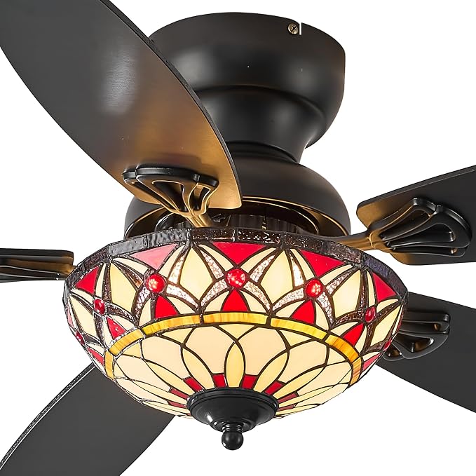 Tiffany Ceiling Fans with Lights-48"Ceiling Fan Chandelier and Glass Shade | 48" Ceiling Fan Chandelier with 5 Dual-Blades and Glass Shade, 6 Speeds and Reversible, Indoor and Outdoor, Retro Style