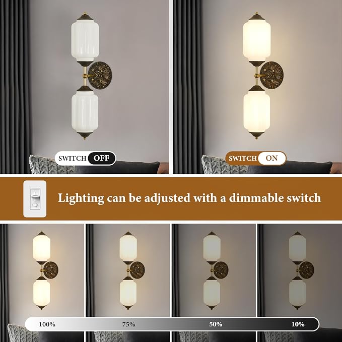 Vintage Milk Glass Bathroom Wall Sconce - Mid Century Dimmable Vanity Light | 25 in,Vertical or Horizontal Mounted,Antique Brass Gold Lighting Fixture for Bedroom Hallway Decor,E12 Bulb×2 Included