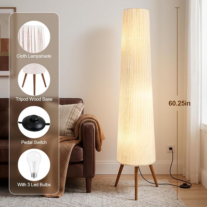 60 Inch Oatmeal Wood Floor Lamp, Color Temperature Adjustable Softlighting Corner Lamp, 3 Bulbs Standing Lamp, Creative Ambient Light for Living Room Bedroom&Office-Bulbs Included