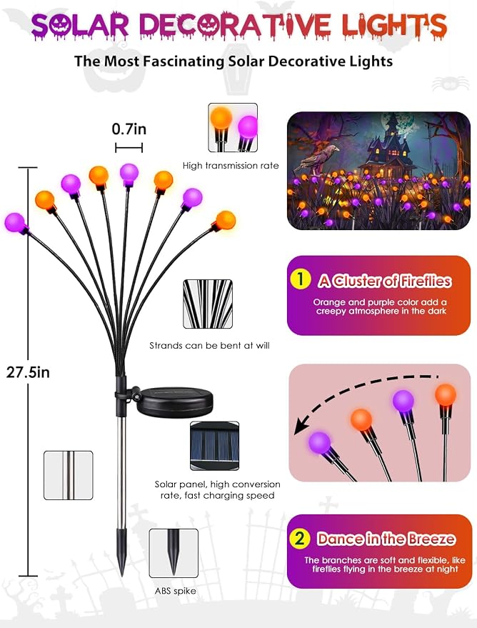 Halloween Decorations Outdoor Solar Firefly Lights 6 Pack Orange Purple | 2 Lighting Modes, Auto On/Off, 48 LED Sway with Wind, Waterproof Halloween Cpreepy Decor for Outside Graveyard Garden Pathway
