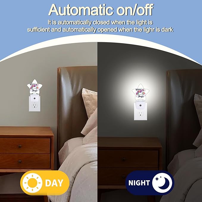 Unicorn Rainbow Dusk to Dawn Star Night Light,Believe in Magic Smart Sensor Nightlight for Bedroom Kitchen Hallway Stairs,Plug-in Energy Efficient Decor Desk Lamp Women Men Gifts