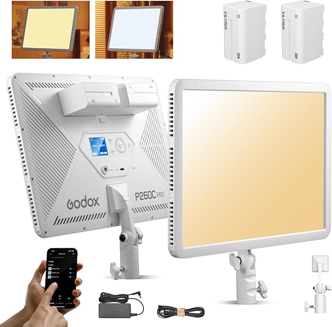 Godox P260C Pro Ultra-Thin Video Light Panel with 8800mAh Battery, APP Control 45W 4160Lux 2800-6500K CRI 98+ Dimmable Bi-Color 18" Soft Light Panel for Photography YouTube Recording Game Live Stream