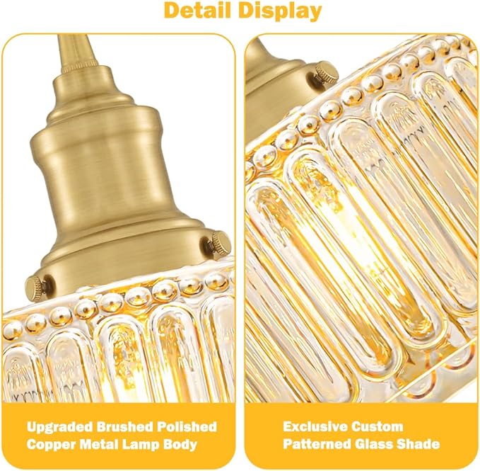 Rustic Pendant Light Set of 2, Brushed Gold Pendant Lights Kitchen Island with Amber Glass Shade, Brass Kitchen Pendant Lighting over Island, Adjustable Hanging Light for Hallway Bathroom Dining Room