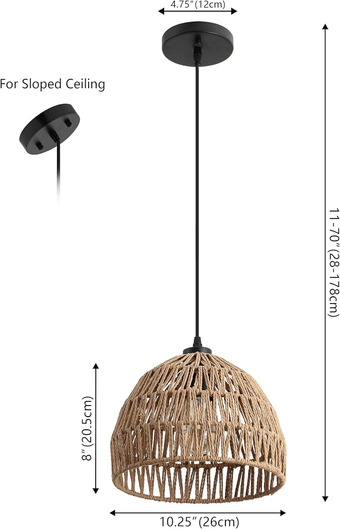 JONATHAN Y Campana 1-Light Pendant Dome Ceiling Lamp, 10.25", Brown | Modern Coastal Farmhouse Decor, Adjustable Height, Woven Rope Metal Frame, LED Bulb Included, UL Listed
