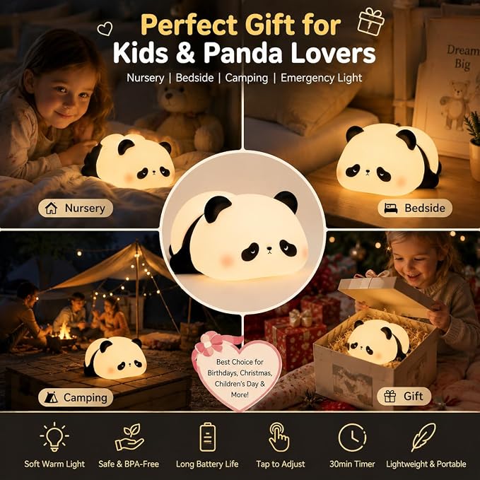 Cute Panda Night Light for Kids, Silicone Baby Squishy Lamp, 3-Level Dimmable Nursery Light for Bedroom, Rechargeable Portable Lamp, Desk Decor Birthday Christmas White Elephant Gift