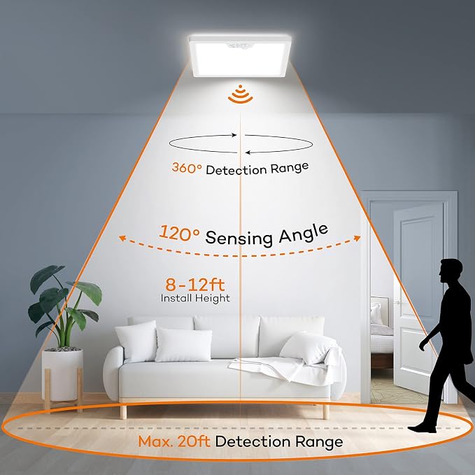 Annaror 2Pack 12in Motion Sensor Ceiling Light Wired with 3 Timer White | 3000K 4000K 5000K Selectable，24W 2400LM Flush Mount Square Motion Ceiling Light for Closet Porch Stairs Hallway , Auto/ON/G