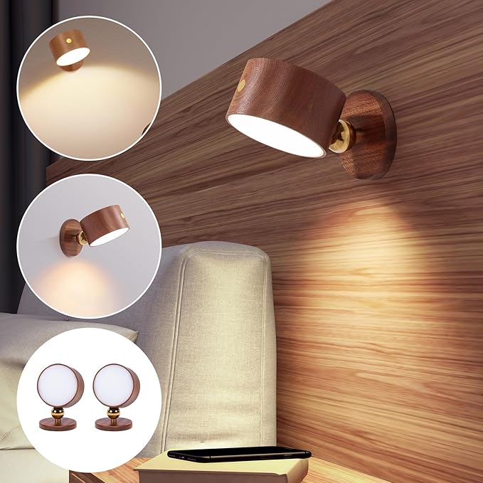 Wooden Led Wall Sconce, 360 Rotatable Dimmable Rechargeable Battery Operated Magnetic Led Night Light for Reading and Household Lighting (Sapele Wood 2pcs)