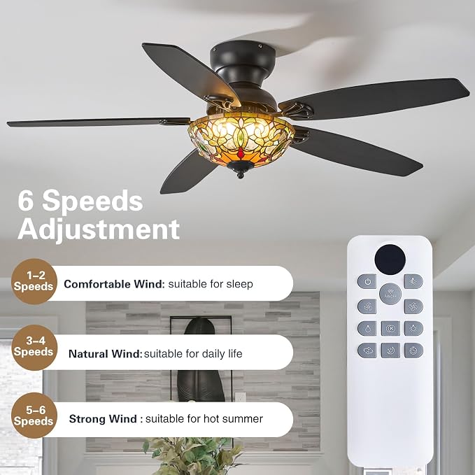 Ceiling Fans with Lights-52 Ceiling Fan Chandelier and Glass Shade | 52" Ceiling Fan Chandelier with 5 Dual-Blades and Glass Shade, 6 Speeds and Reversible, Indoor and Outdoor, Retro Style