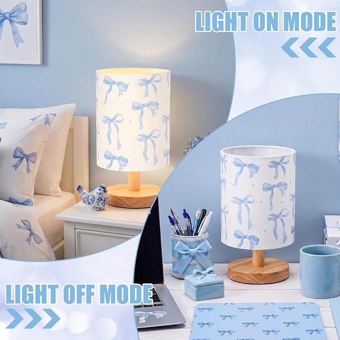 Blue Bow Kids Table Lamp for Bedroom Kids Bedside Lamp with Linen Wooden Nightstand Cartoon Nursery Lampshade for Girls Boys Living Room