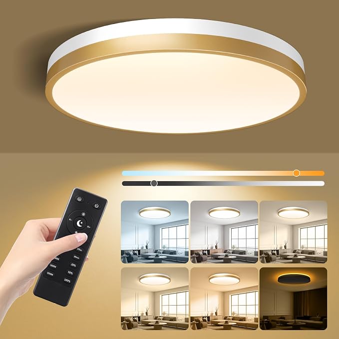 11 Inch Flush Mount Ceiling Light with Remote Control & Night Light, 5CCT Dimmable Ceiling Light Fixture, 20W 2000LM 2700K-6500K Adjustable LED Ceiling Lights for Bedroom Kitchen, White Gold