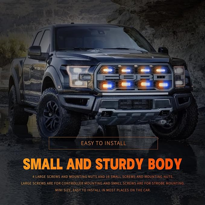 BooYu 8-pcs Sync Feature LED Emergency Strobe Lights Ultra Slim Grille Surface Mount Flashing Warning Hazard Light Bar w/Controller for Construction, Firefighter, Trucks, Vehicles, Car (Amber/Blue)