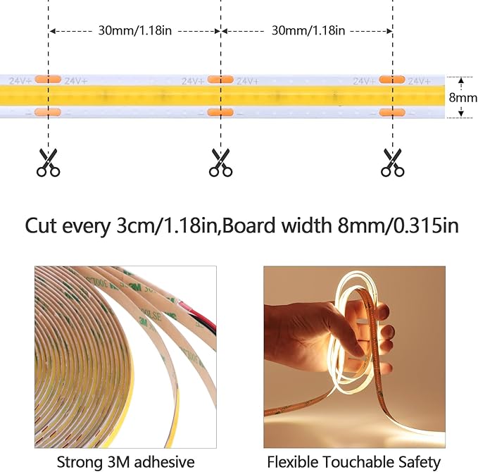 49.2ft/15M DC 24V COB LED Strip Light Warm White 3000K 5760LEDs CRI 93+ 11000lm Uniform Glow IP20 Not Waterproof Flexible LED Tape Lights for DIY Cabinet Bedroom Home Decor(No Power Supply)