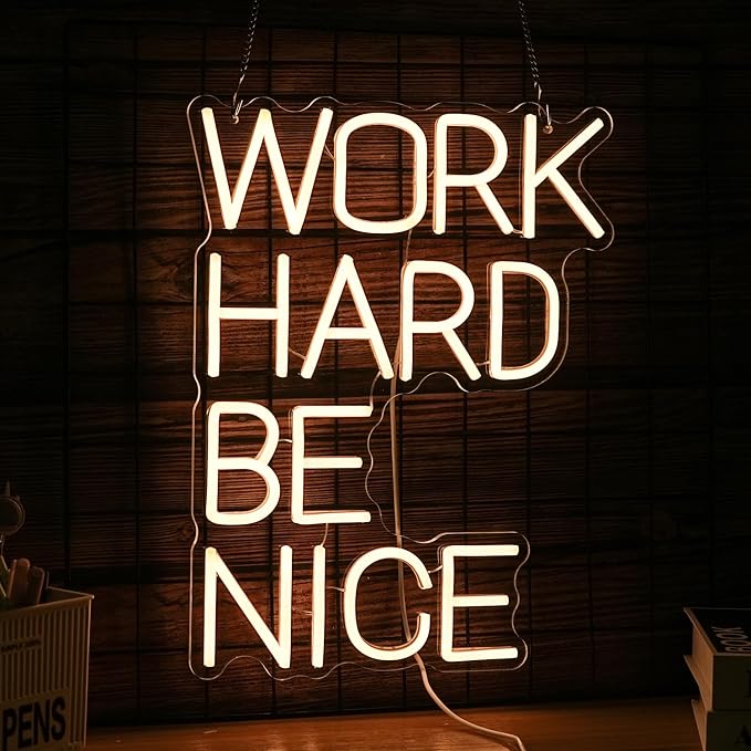 Work Hard Be Nice Neon Sign for Wall Decor Warm White Neon Light Powered by USB Dimmable LED Letters Neon Light Sign for Office Study Room Classroom Bedroom Meeting Room Neon Decor