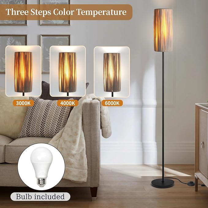 Ruiever Floor Lamp for Living Room,Rattan Boho Floor lamp,Modern Standing lamp with Hand-Worked Woven Shade (Hand Woven Shade-3 Color Bulb)
