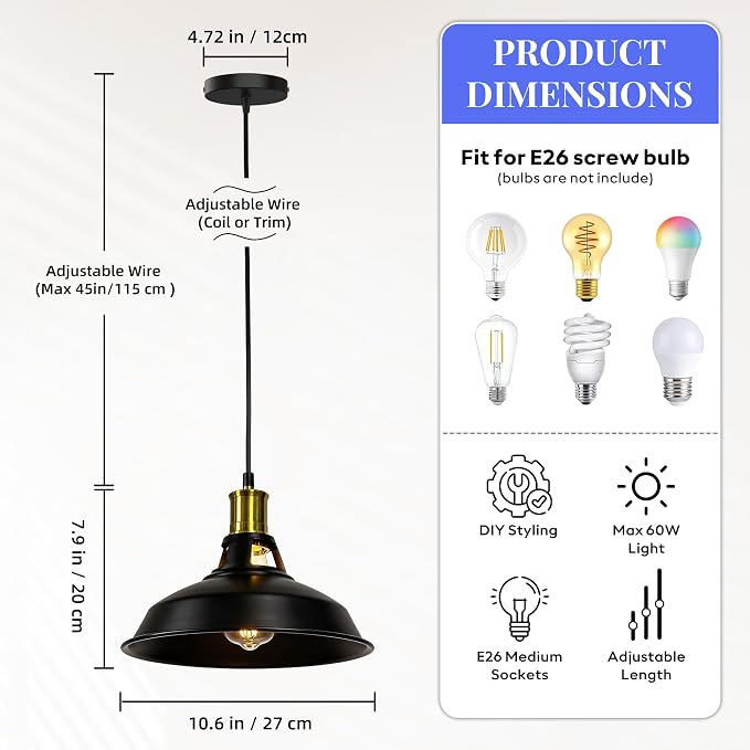 Pendant Lighting, Farmhouse Hanging Light Fixture for Kitchen Island & Dining Room, Industrial Vintage Ceiling Lamp with E26 Base, Adjustable Height, Black & Gold, 1-Pack