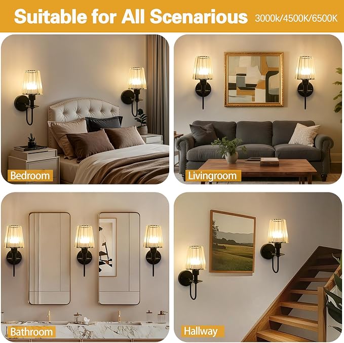 Battery Operated Wall Sconces Set of 2, Black Crystal Wall Lights | 5200mAh rechargeable wall lights with magnetic bulbs, remote control, 15 colors, 10-level dimming and timer for bedrooms