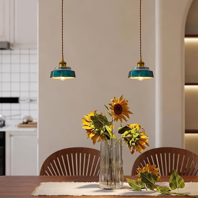 Vintage Ceramic Pendant Light, 5.9" Farmhouse Hand-Painted Hanging Light with Gold Metal, Antique Ceramic Pendant Lighting for Kitchen Island, Dining Room, Bedroom Bedside, Cafe (Teal)