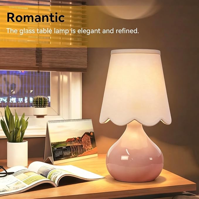 ILLMTW Pink Table Lamp Set of 2,Small Gold Bedside Lamps Dimmable Boho Bedroom Lamp with Tulip Flower Glass Lamp Shade,Vintage Mid Century Modern Mini Nightstand Lamp for Bedroom Living Room