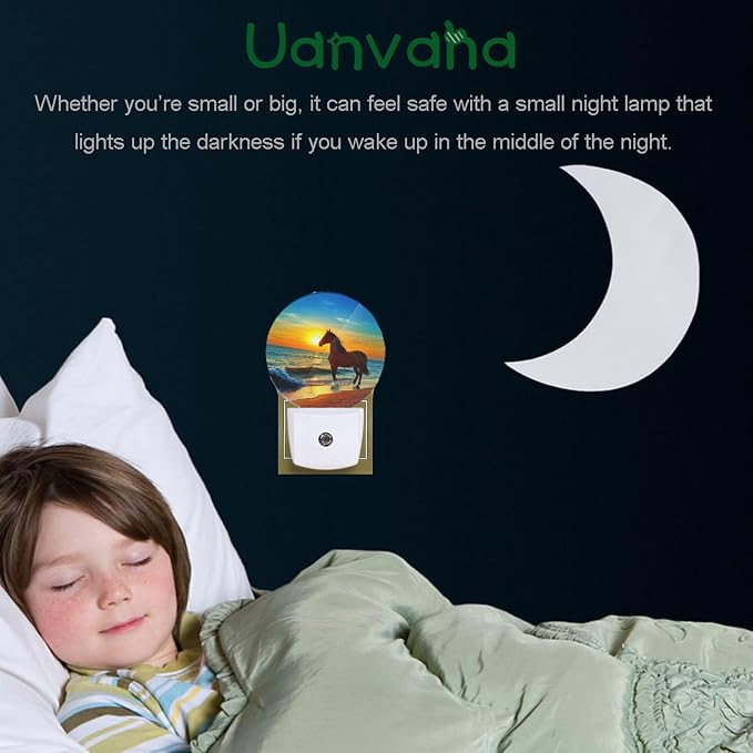 Beautiful Sunset Nightlight Brown Horse Running by The Sea Night Lights Plug into Wall Dusk to Dawn Sensor Round Night Light for Adults Boys Girls, 0.5W Energy Efficient