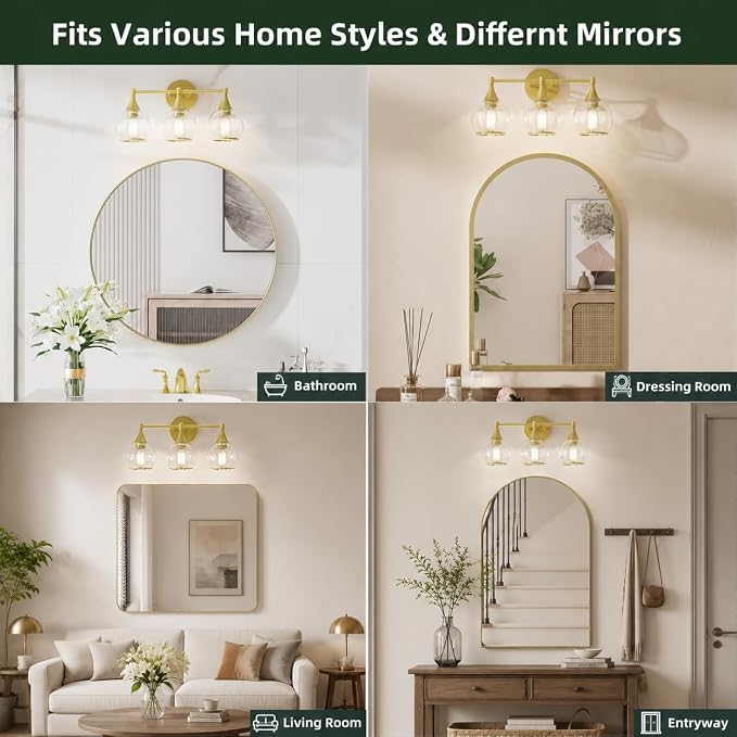 PAIHOME 3-Light Gold Bathroom Vanity Light Fixtures Over Mirror | Painted Gold, Anti-rust, UL-Certified, Elegant Globe Glass Shade, Modern Vintage, Easy to Install, Versatile Wall Decor Light