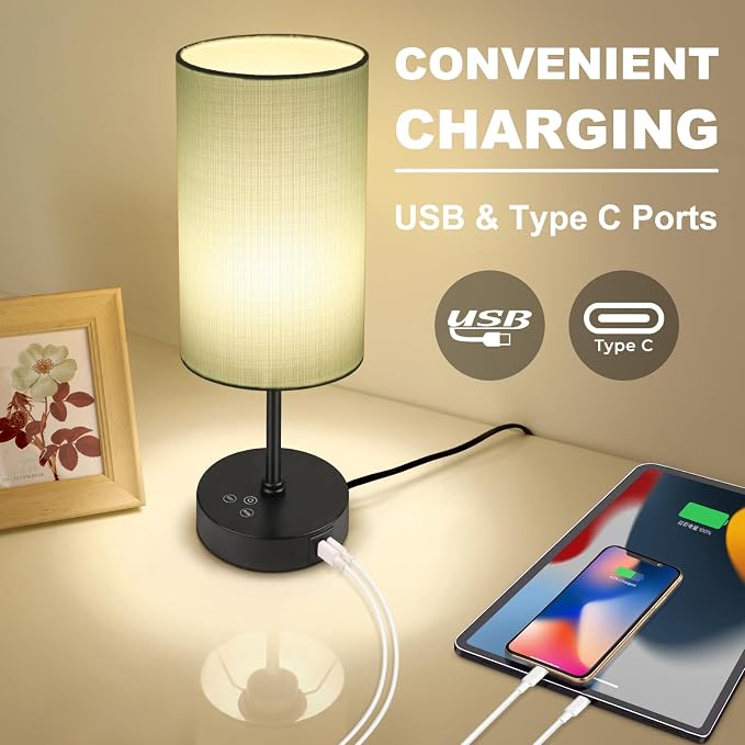 Table Lamp for Bedroom, 3 Color Temperatures, 7 RGB Colors, Adjustable Brightness, Dual USB Charging Ports, Ambience Nightstand Light with Blue Shade, Desk Lamp for Kids Reading Home Office