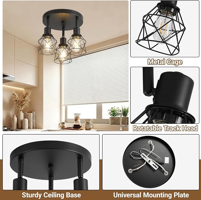 LOUSACE 3-Light Track Lighting with Rotatable Light Head, Black Track Lighting Fixtures Ceiling Industrial Kitchen Round Ceiling Spotlight with Metal Cage for Home Dining Room Hallway