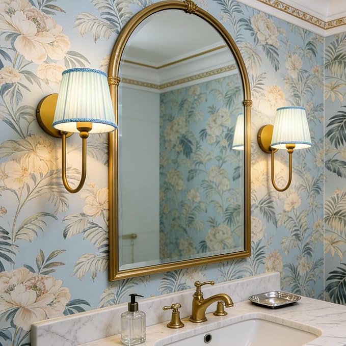 Vintage Set of 2 Fabric Wall Sconce Blue Gauze Cloth Shade, Hardwired Curved Arm Bathroom Vanity Lights, Indoor Wall Decor Lamp for Living Room, Kitchen, Bedroom, Foyer